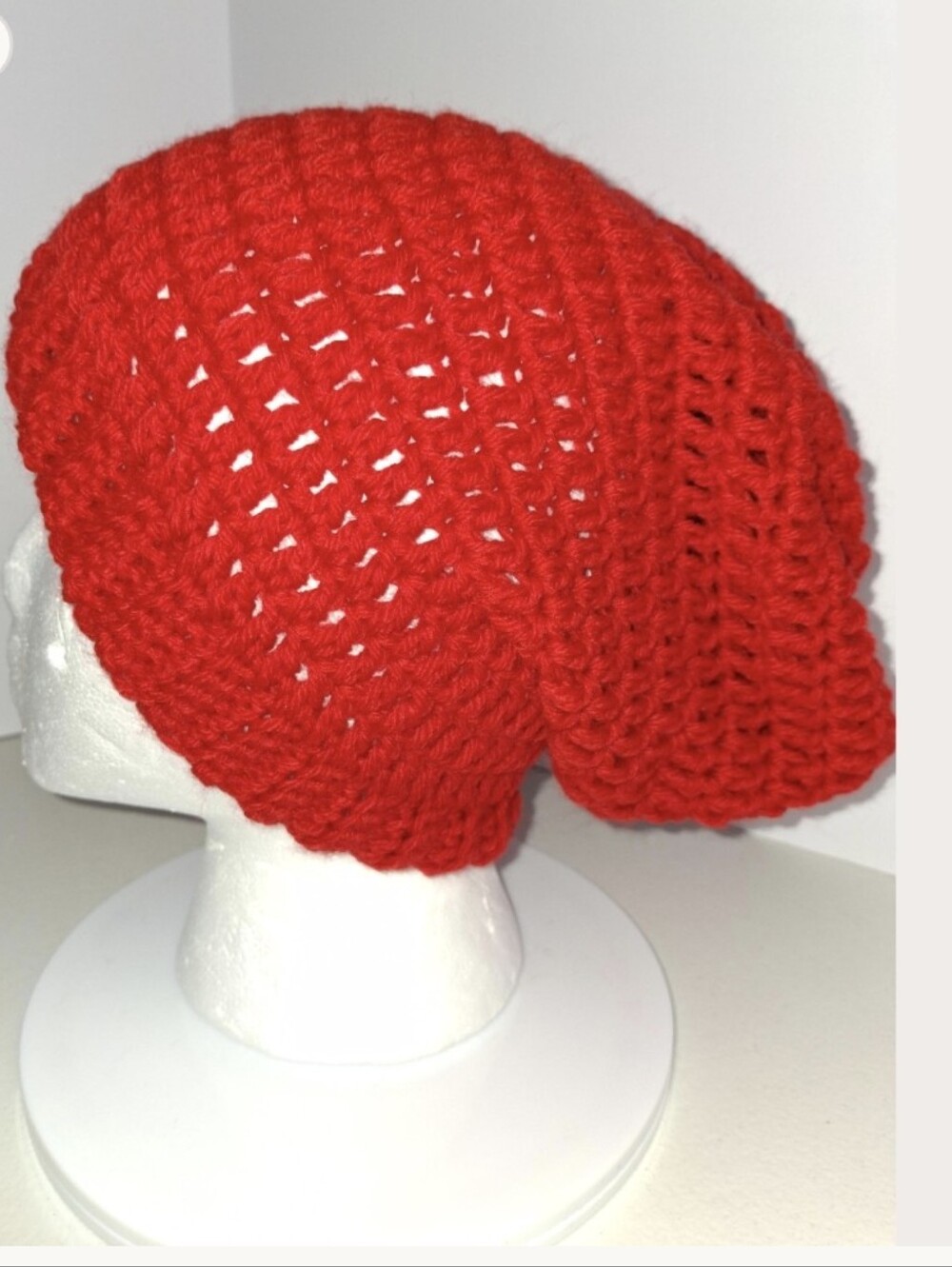 Beanie Slouchy Cap XL Red Crocheted Handmade.